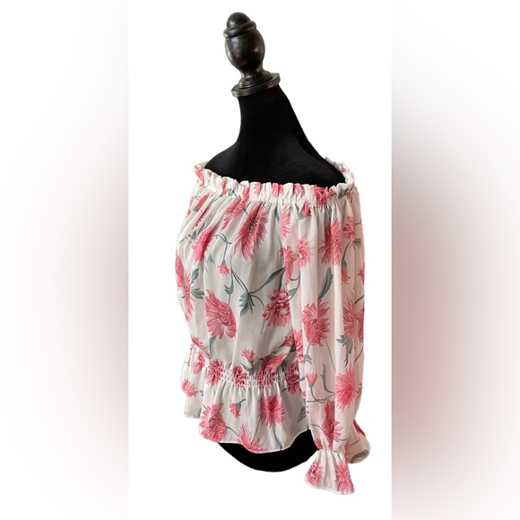 Peasant White and Pink Floral  On or Off The Shoulder Blouse - Picture 6 of 17